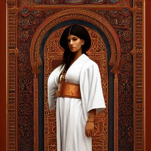 Prompt: orientalist portrait of a moorish woman wearing a white robe and ornate copper jewelry standing in front of petra jordan intricate artwork by Fabio Fabbi and john william waterhouse and Edwin Longsden Long and Nasreddine Dinet and Theodore Ralli trending on artstation, very coherent symmetrical artwork high detail 8k