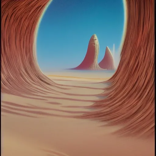 Image similar to a syd mead and ralph maquarrie style matte painting of a twirling futuristic building on a huge crater in tropical desert