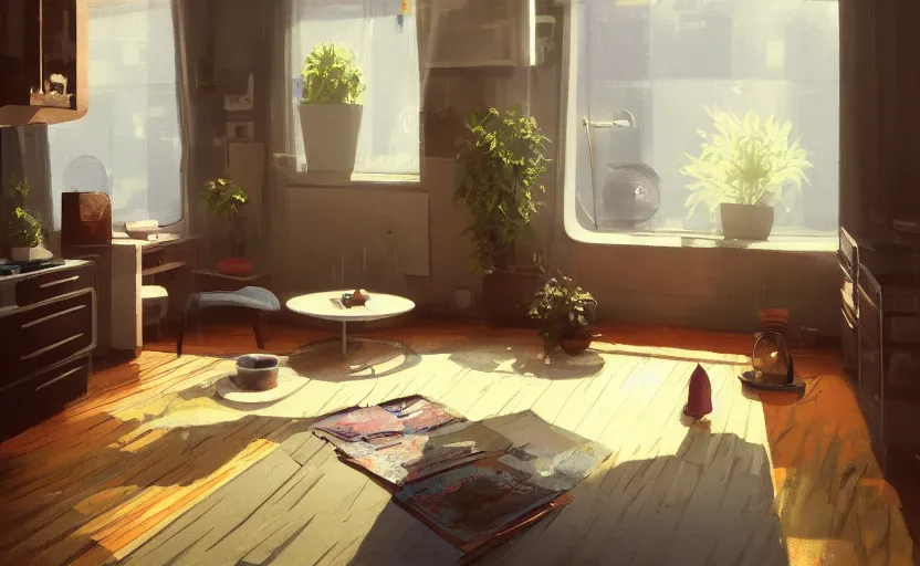 Prompt: a stylish bedroom interior, futuristic plastic capsule apartment, small kitchen, reflective floor, potted plant, painting by Craig Mullins, octane rendering, soft morning lighting, wide angle lens, in the style of Hayao Miyazaki, trending on artstation,