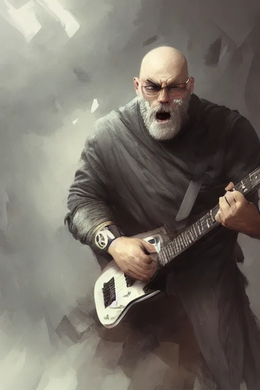 Prompt: a grumpy bald man with a long grey beard playing the guitar, black clothing, powerful, epic, high energy, 3 d render, hyper - realistic detailed portrait, ruan jia, wlop. scifi, fantasy, magic the gathering, hyper detailed, octane render, concept art, peter mohrbacher, greg rutkowski