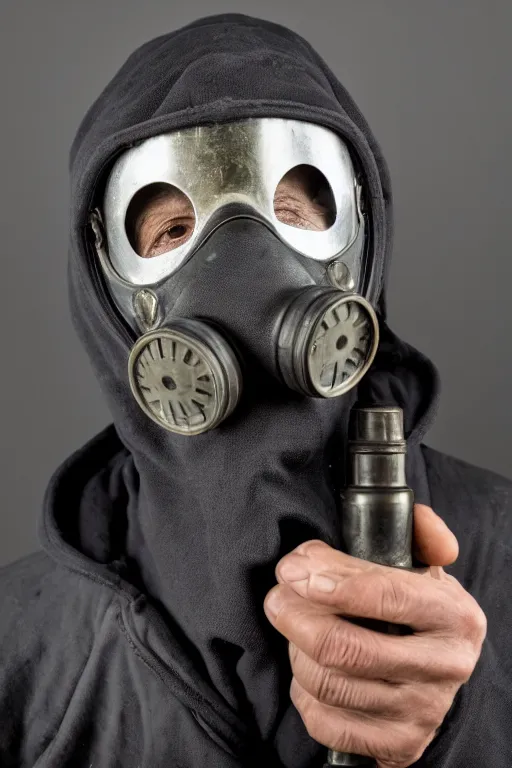 Image similar to an award winning portrait photo of a homeless person wearing a gas mask and hard helmet, 4 k, high quality, sharp focus