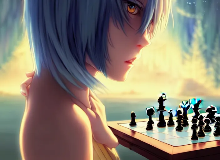 Image similar to rimuru playing chess, with amber eyes of gold color, straight hair, sky blue hair, long bangs, high collar, concept art, award winning photography, digital painting, cinematic, by wlop, anime key visual, wlop, 8 k, by ross tran, tom bagshaw, andy warhol