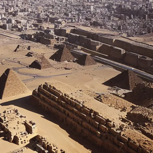 Prompt: a bird's eye view of the pyramids at giza and a river of flowing blood