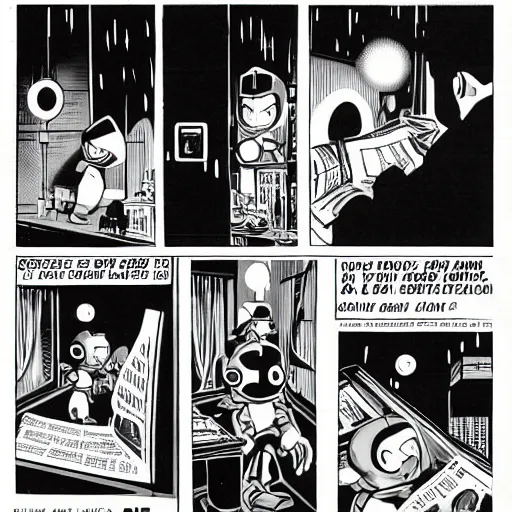 Image similar to mega - man alone at night in a shabby apartment in 1 9 5 0 s new york looking at a newspaper about a serial killer, black and white, intricate, foreboding real