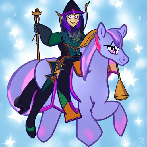 Prompt: evil ice wizard riding a pony in the style of my little pony : friendship is magic