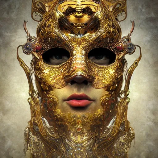 Prompt: Divine Chaos Engine, as a Venetian Carnivale Mask, by Karol Bak, Jean Deville, Gustav Klimt, and Vincent Van Gogh, celestial, visionary, sacred, fractal structures, ornate realistic gilded medieval icon, spirals, octane render