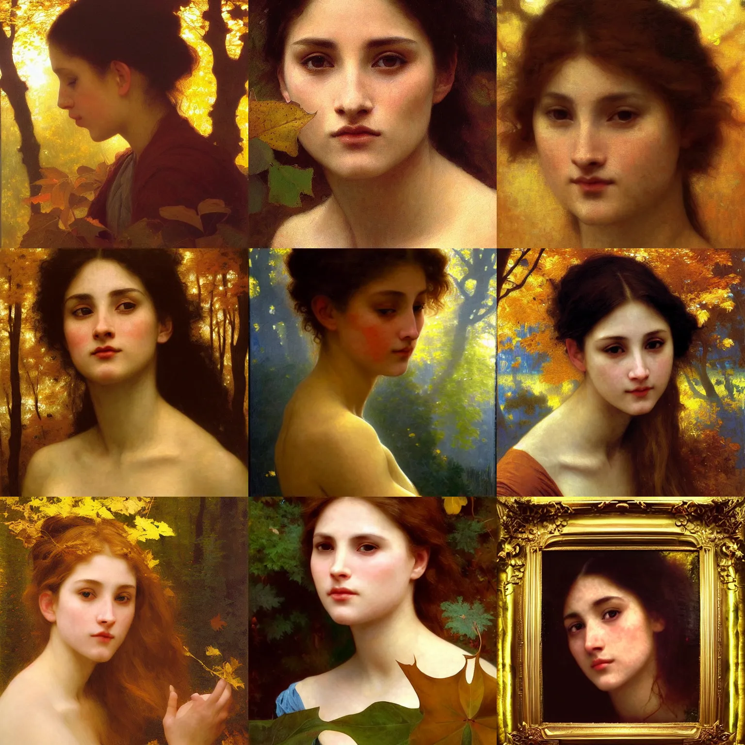 Prompt: finished portrait of a beautiful!!!!!! womans face, by william bouguereau, waterhouse, craig mullins, ruan jia, gustave klimt, masterpiece, golden hour, rim light, forest!! colorful leaves, bold color, yellow, gold leaf, shining, highlight, blue sky, chiaroscuro, varnished