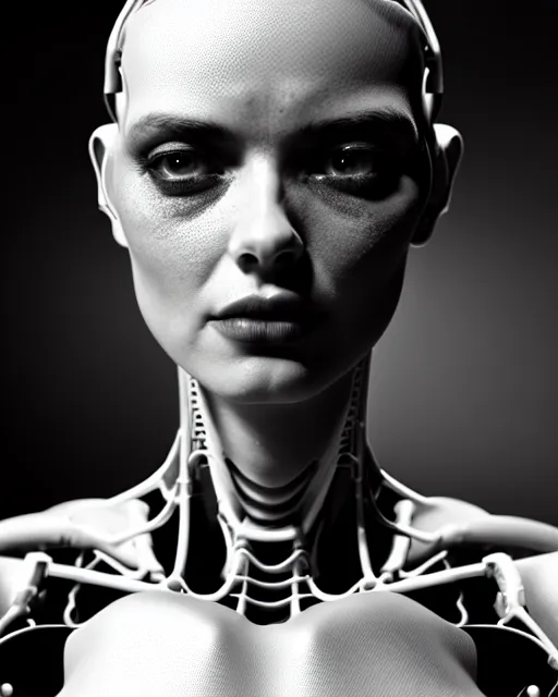 Image similar to black and white cyborg goddess high quality portrait, artificial intelligence, bio-mechanical bio-luminescence, artificial spider web, neurons, nerve cells, octane render, cinematic, hyper realism, high detail, 8k, in the style of Steven Meisel and Dora Maar and H.G. Giger