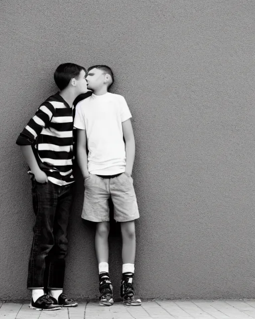 Prompt: black and white photo, two teenage boys stand against a wall, staring lovingly into each other's eyes, about to kiss, cdx