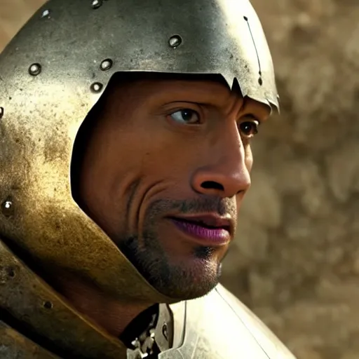 Image similar to Dwayne Johnson as a knight fully in armor 4k quality