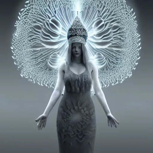 Prompt: mushroom goddess with extremely elegant headdress with group of elders in a ceremony for plant medicine, beautiful, marvelous designer, cloth physics, mocap, deviantart, yoshitaka amano, alex grey, black and white, beautiful lighting, photorealistic, concept art, perfect render, 3 d render, unreal engine, 8 k