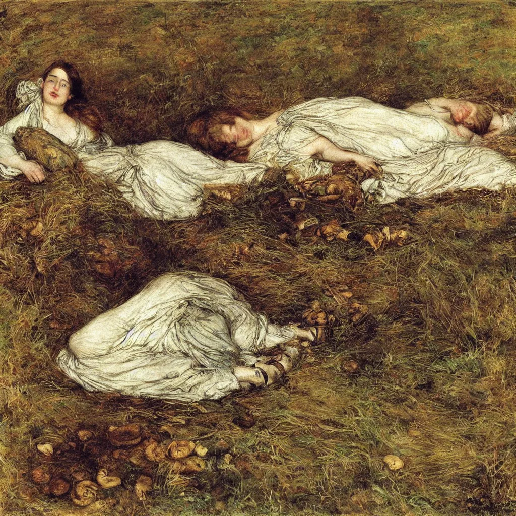 Prompt: pretty sleeping woman with mushrooms as camouflage, by john everett millais