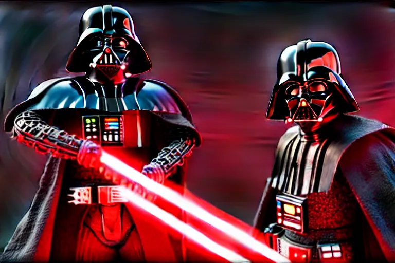 Image similar to darth vader as a battle - hardened samurai demon warlord with sinister kabuto and terrifying men - yoroi mask, with armor intricately engraved with glowing red ancient rune symbols, and adorned with demon skulls, by ayami kojima, unreal engine 5, octane render, 3 d