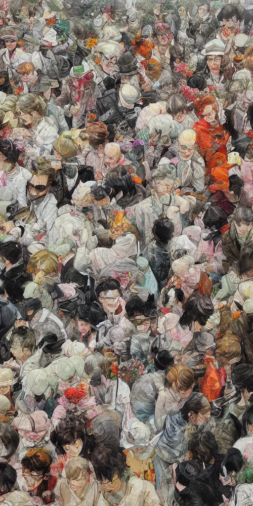 Image similar to oil painting scene crowd from blooming garden by kim jung gi