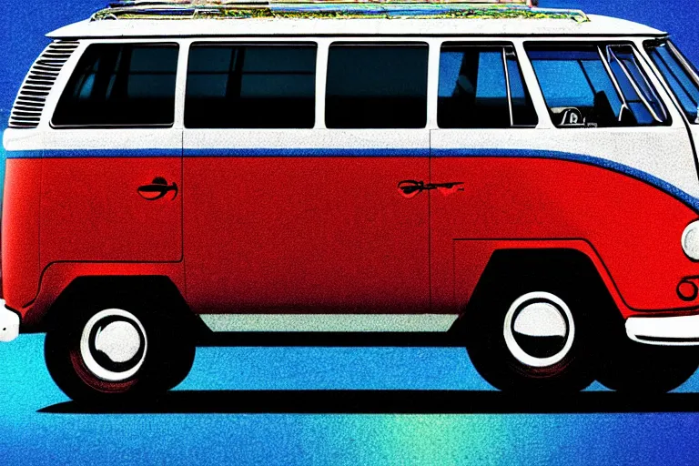 Prompt: vw bus!, in the style of john avon and derek riggs and eva widermann, trending on artstation, halfrear lighting closeup view anaglyph filter, bokeh, anime, colored pencil art, belle epoque