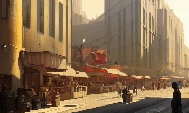 Prompt: A digital concept art painting of a street-level view of an art deco city, by greg rutkowski, trending on artstation