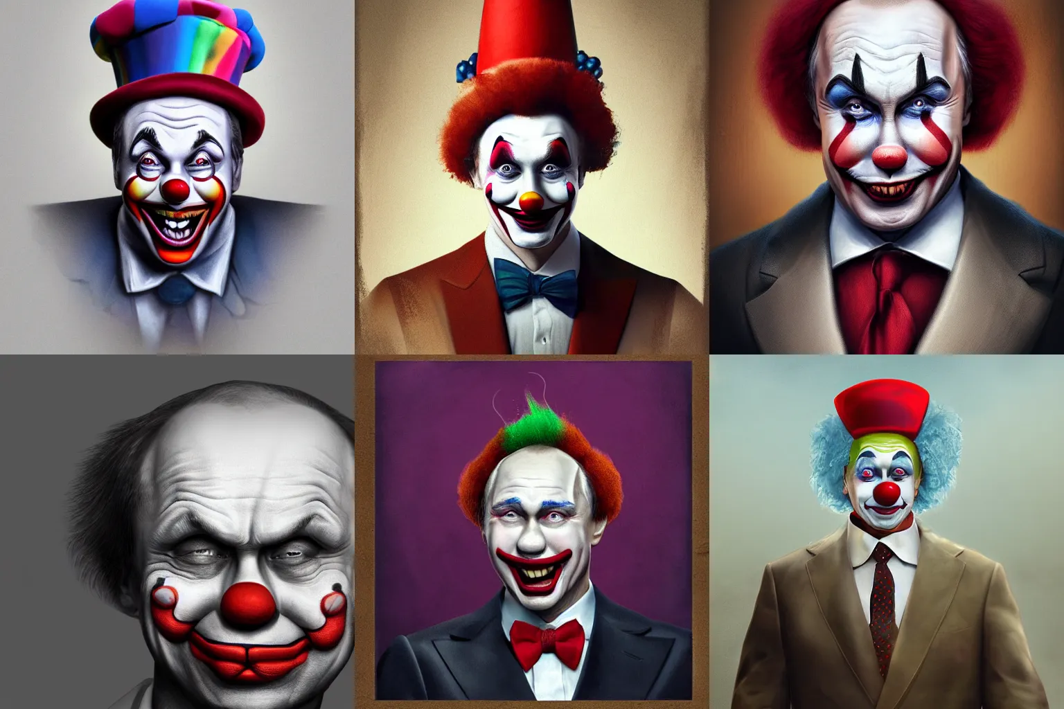 Prompt: portrait of Putin as a clown, matte painting, trending on artstation, very detailed