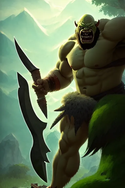 Image similar to orc barbarian male, green skin, exquisite details, big axe, earth magic, mid view, design on a white background, by studio muti, greg rutkowski makoto shinkai takashi takeuchi studio ghibli