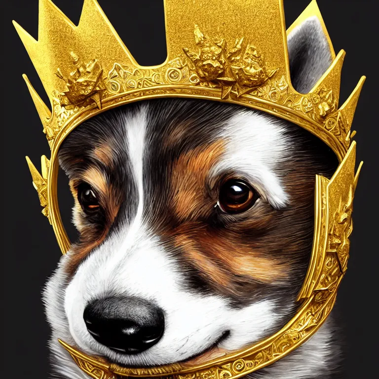 Prompt: highly detailed illustration of a portrait of a derpy corgi wearing a glinting golden crown, artstation, cinematic lighting, hyperdetailed, cgsociety, 8k, high resolution, art by artgerm, insanely detailed and intricate