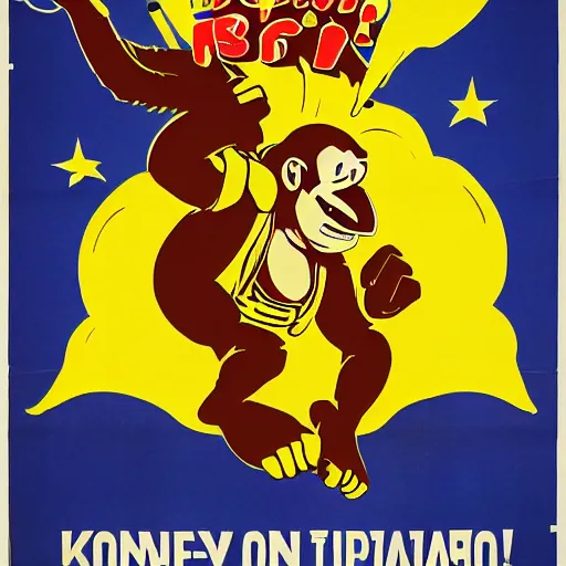 Prompt: Donkey Kong scolding banana eaters, Soviet propaganda poster
