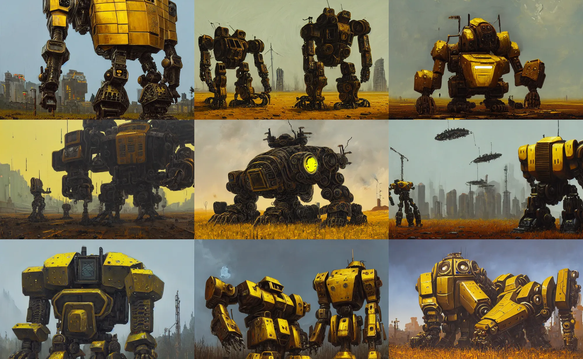 Prompt: an intricate oil painting of a giant armored plated metal mecha by simon stalenhag, rust, yellow and black trim