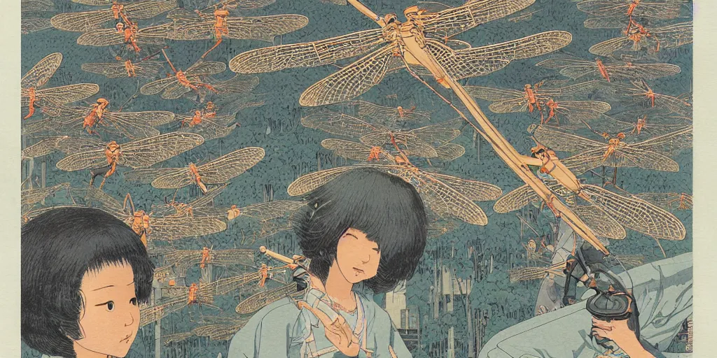 Image similar to gigantic dragonflies with human faces catch tiny robots, a lot of exotic mechas robots around, human heads everywhere, risograph by kawase hasui, satoshi kon and moebius, 2 d gouache illustration, omnious, intricate, a lot of tiny details, fullshot