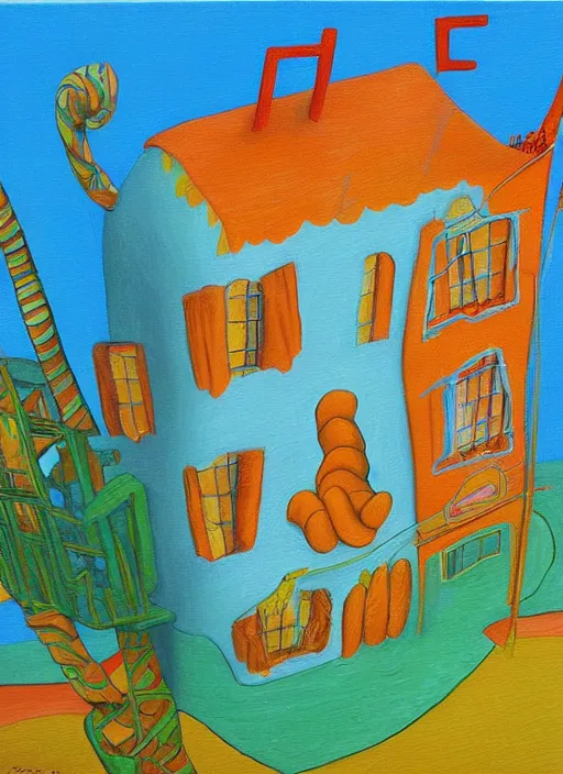 Image similar to cheeto house, extremely detailed, painting in the style of rene margitte, surrealist