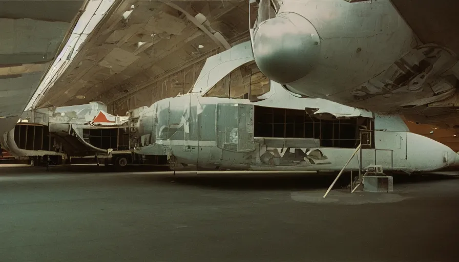 Prompt: 60s movie still of an empty boeing, cinestill 800t 50mm eastmancolor, liminal Space style, heavy grain