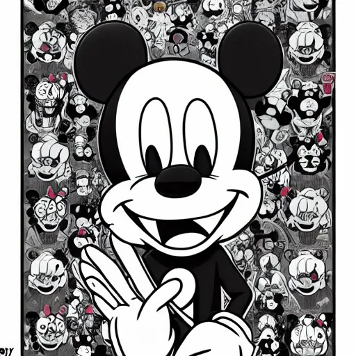 Image similar to anime manga skull portrait girl face mickey mouse marge simpson cuphead detailed highres 4k Mucha and James Jean pop art nouveau