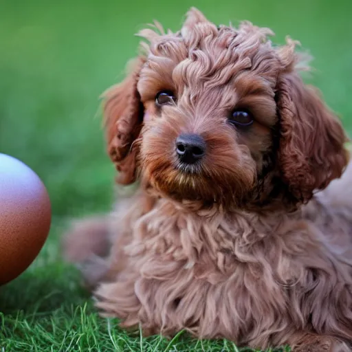 Prompt: brown cavoodle with an egg on its head