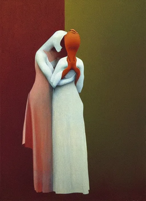 Image similar to two women hugging paper bag over the head translucent dress made of plastic bags Edward Hopper and James Gilleard, Zdzislaw Beksinski, highly detailed