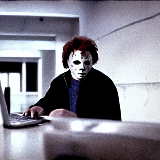 Prompt: Michael Myers learns to code. Movie still, realistic, grainy.