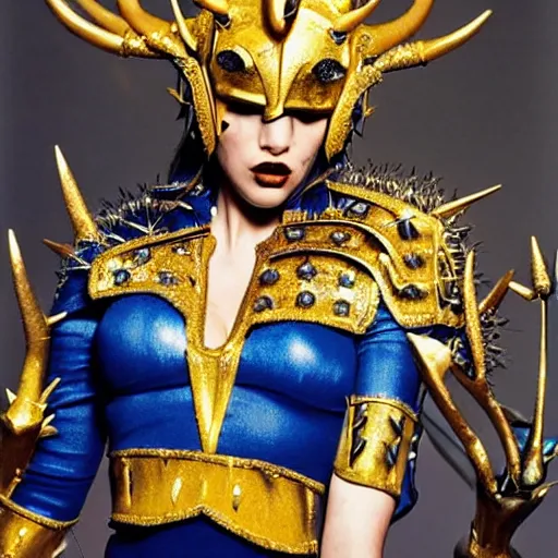 Prompt: a woman in elaborate blue and gold armor with spiked horns on her helmet, cosplay, photoshoot, photograph by Bruce Weber