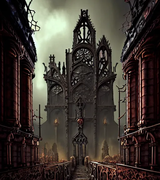 Image similar to steam necropolis, memento mori, gothic, neo - gothic, art nouveau, hyperdetailed copper patina medieval icon, stefan morrell, philippe druillet, ralph mcquarrie, concept art, steampunk, unreal engine, detailed intricate environment, octane render, moody atmospherics, volumetric lighting, ultrasharp, ominous, otherworldly