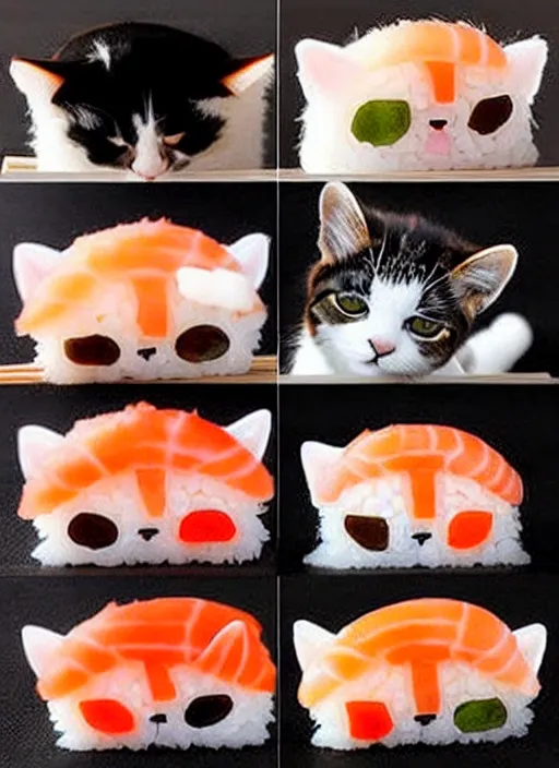 Image similar to clear photorealistic picture of adorable cats made out of sushi