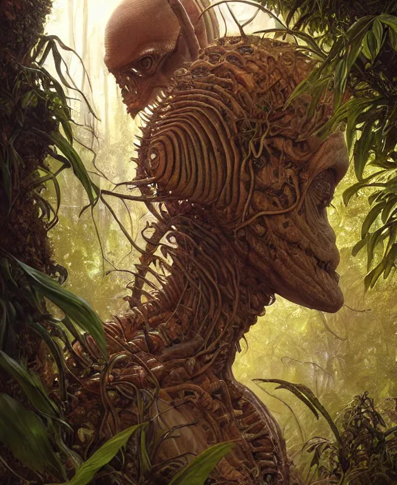 Image similar to intricate earth - toned portrait of a disturbing alien insect creature, mottling coloring, adorable, childlike, overgrown jungle environment, ultra realistic, concept art, maximalist, photorealistic, octane render, 8 k, unreal engine. art by christopher marley and artgerm and greg rutkowski and alphonse mucha