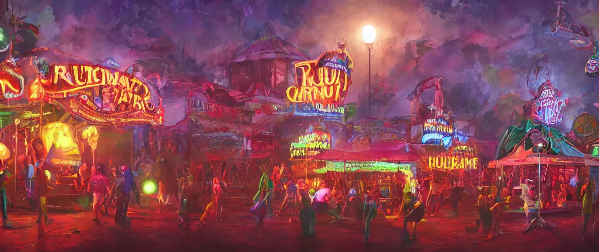 Image similar to a rendered painting of a run down horror carnival, lots of detail, volumetric lighting, concept art, digital painting, trending on artstation, vivid colours