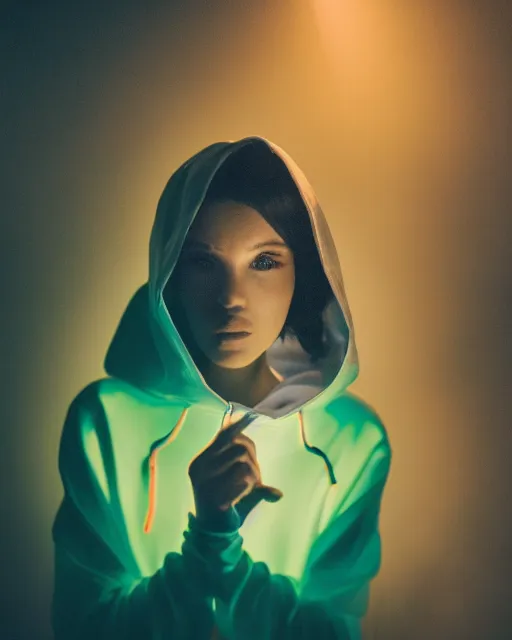 Image similar to a closeup portrait of as beautiful young woman wearing a transparent wet hoody standing in the middle of a busy night road, with lots on neon lights on the background, very backlit, moody feel, dramatic