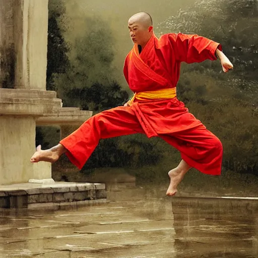 Prompt: a dynamic shaolin monk executing a flying kick at shaolin temple under the rain by john singer sargent and craig mullins