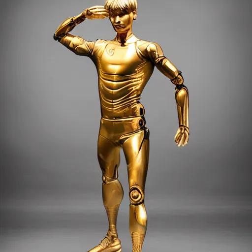 Image similar to a realistic detailed photo of a guy who is an attractive humanoid who is half robot and half humanoid, who is a male android, soccer players martin ødegaard, shiny skin, posing like a statue, blank stare, in a factory, on display, showing off his muscles, gold soccer shorts, back view