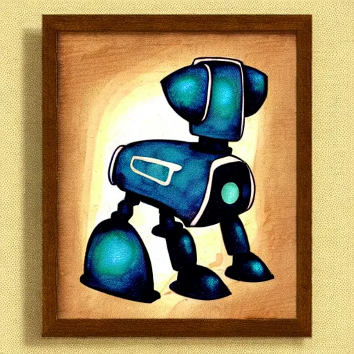 Image similar to a cute robot puppy!!!. ( ( ( alcohol ink on parchment, muted colors, shading, detailed, textured parchment background, 1 9 5 0 s concept art ) ) )