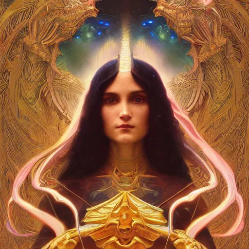 Prompt: astral dragon, cinematic lighting, intricate, elegant, highly detailed, digital painting, artstation, sharp focus, illustration, psychedelic colors, art by artgerm and greg rutkowski and alphonse mucha and Wayne Barlowe and william-adolphe bouguereau