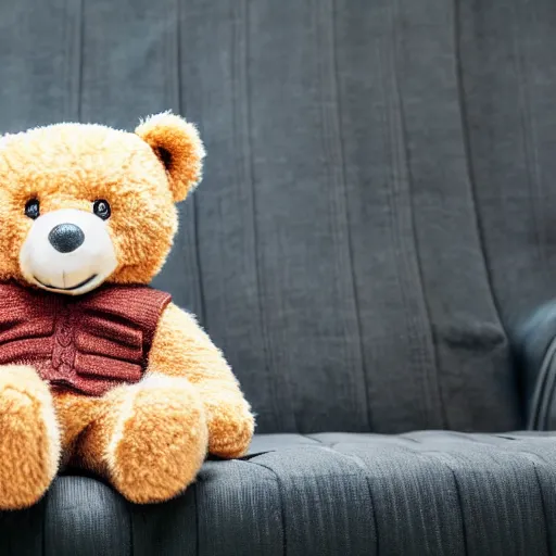 Image similar to a teddy bear with an unnerving smile wearing a sweater vest sitting on a couch, 4 k photo