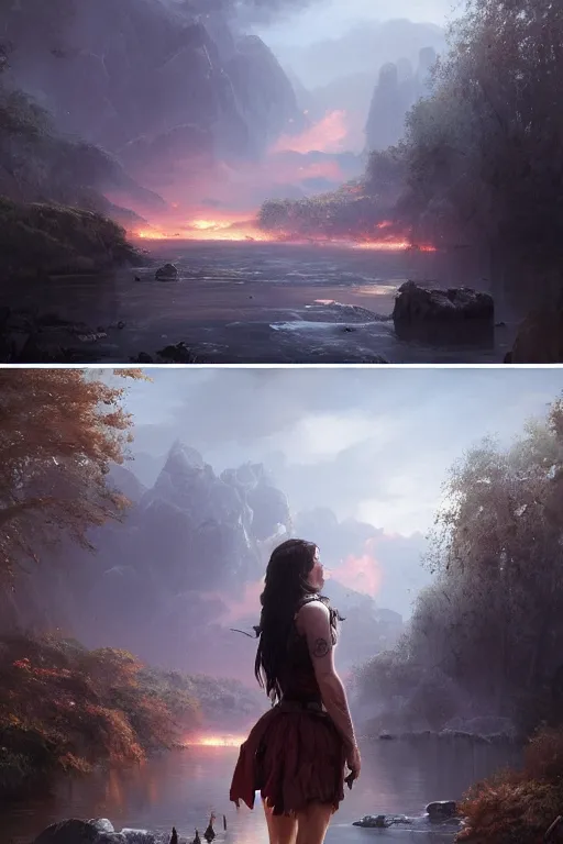 Image similar to photo of Lisa Ann gets painting a picture. Greg rutkowski legendary matte painting.. 4k, particles light,