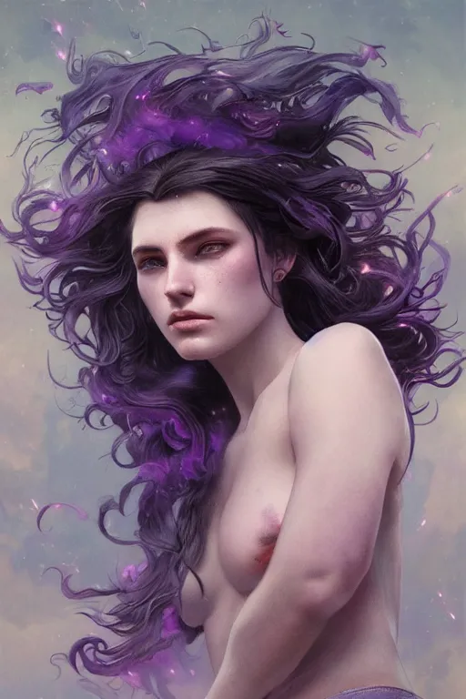 Image similar to A mystical mesmerizing 8k hyperrealistic taurus, transforming into a purple haze, soft, sharp focus, detailed, art by Greg Rutkowski and artgerm and Alphonse Mucha