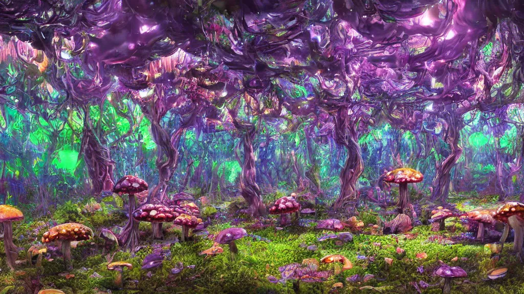 Prompt: exploring a mushroom forest, acid trip, hall of mirrors, ultra-detailed, a hyperrealistic image of a mycelium forest with neon glowing mushrooms, with magical creatures, by tian gan, trending on patreon, artstation, deviantart. Unreal engine