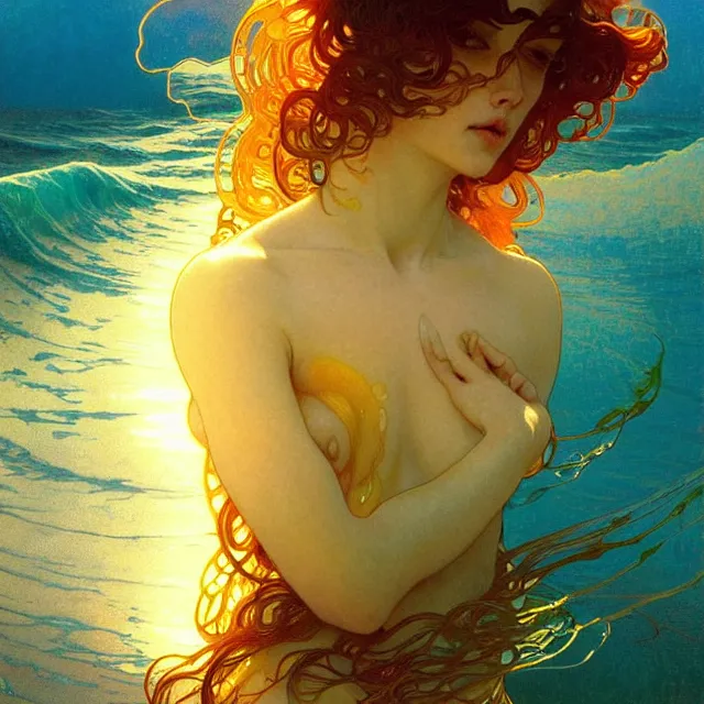 Image similar to mind bending ocean waves of glossy liquid honey drops flowing like psychedelic translucent amber, lsd waves, lsd ripples, backlit, sunset, refracted lighting, art by collier, albert aublet, krenz cushart, artem demura, alphonse mucha