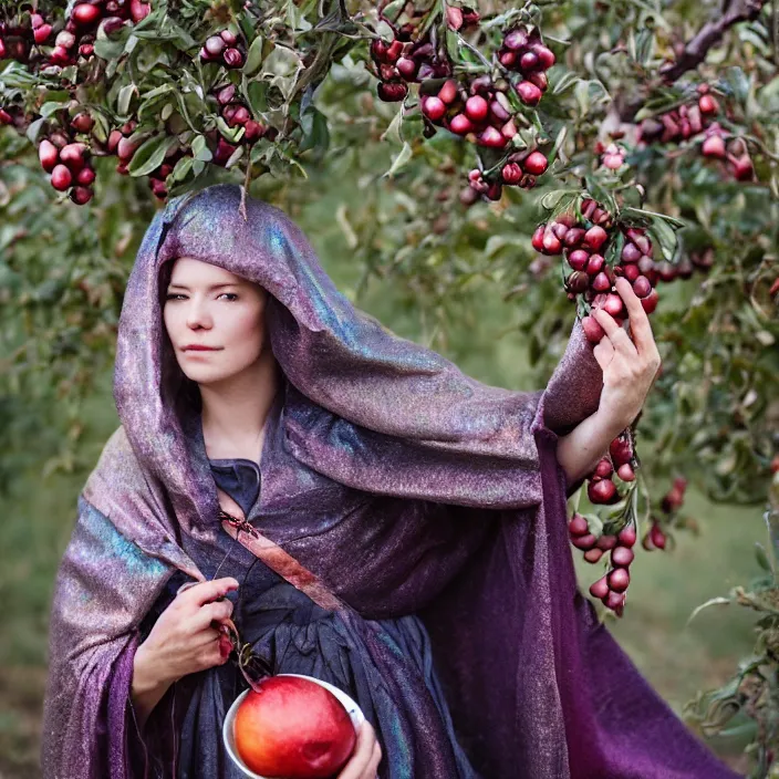 Image similar to a closeup portrait of a woman wearing a cloak made of tangled iridescent ribbon, picking pomegranates from a tree in an orchard, foggy, moody, photograph, by vincent desiderio, canon eos c 3 0 0, ƒ 1. 8, 3 5 mm, 8 k, medium - format print