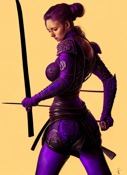 Image similar to back, behind, portrait of a woman in purple leather future armor with a long black ponytail, holding a katana with glowing purple runes carved into the katana, intricate, elegant, candle light, highly detailed, digital painting, artstation, concept art, smooth, sharp focus, illustration, art by wlop, mars ravelo and greg rutkowski