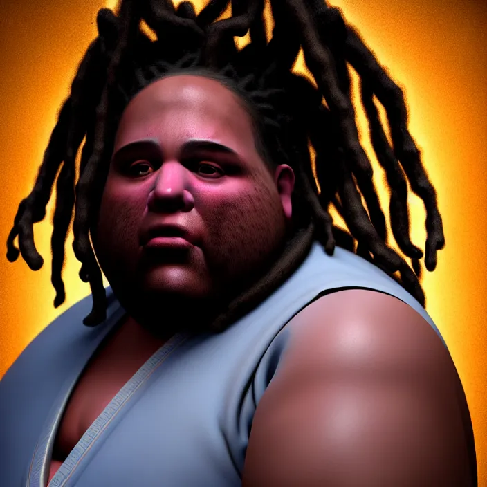 Prompt: hyperrealistic mixed media portrait of a moridly obese black man with dreads wearing a gi, doing martial arts, stunning 3d render inspired art by P. Craig Russell and Barry Windsor-Smith + perfect facial symmetry + dim volumetric lighting, 8k octane beautifully detailed render, post-processing, extremely hyperdetailed, epic composition, grim yet sparkling atmosphere, cinematic lighting + masterpiece, trending on artstation